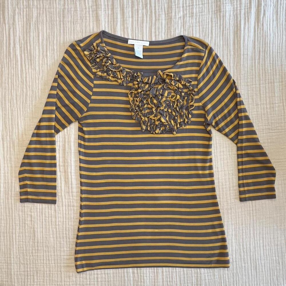 Design History mustard yellow and gray striped ruffle top with 3/4 sleeves